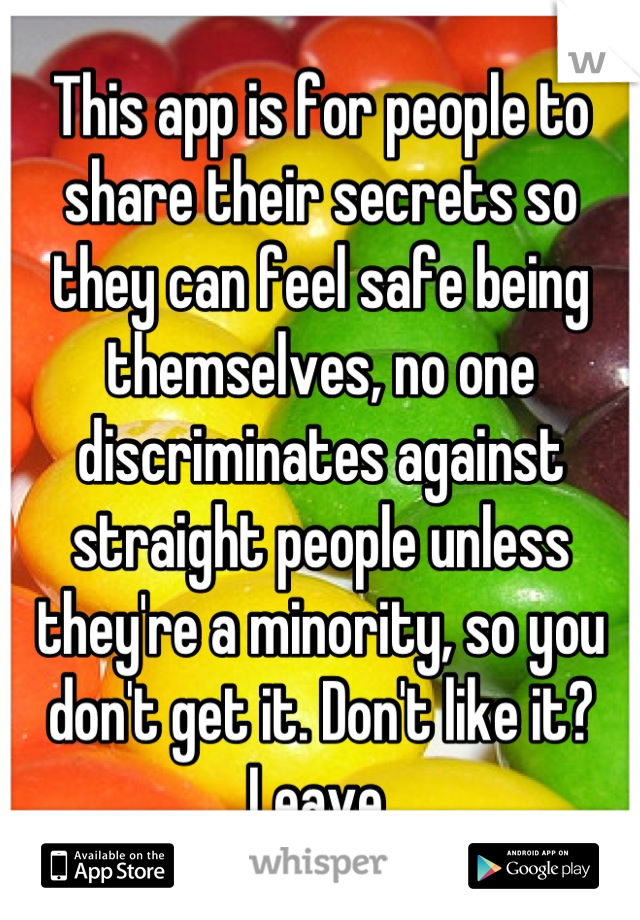 This app is for people to share their secrets so they can feel safe being themselves, no one discriminates against straight people unless they're a minority, so you don't get it. Don't like it? Leave.