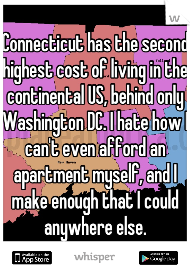 Connecticut has the second highest cost of living in the continental US, behind only Washington DC. I hate how I can't even afford an apartment myself, and I make enough that I could anywhere else.