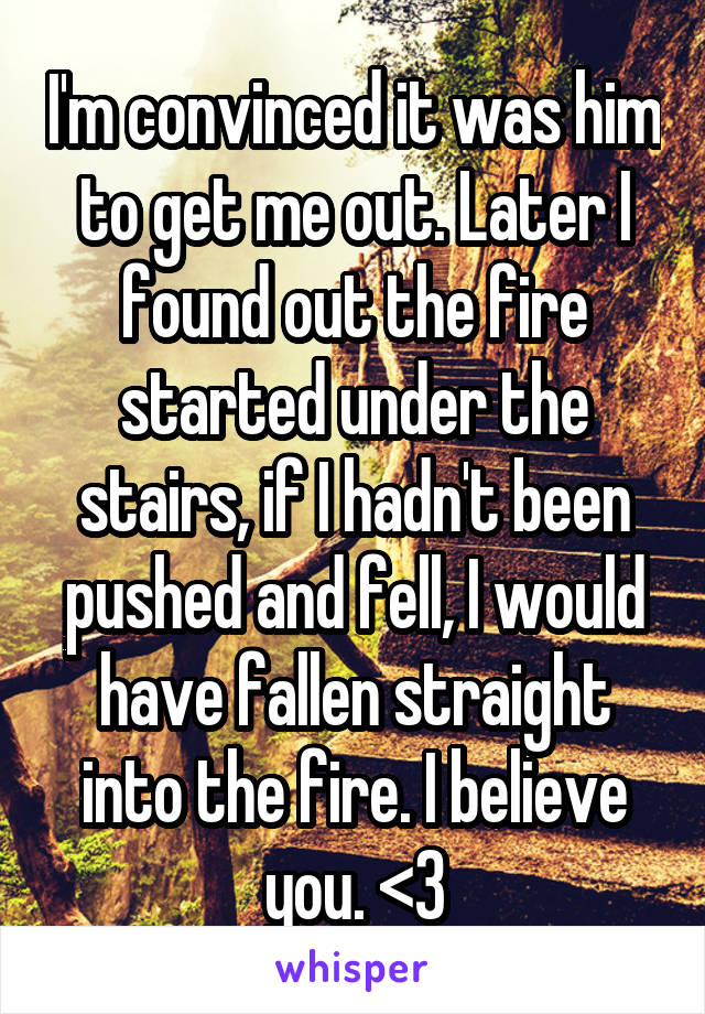 I'm convinced it was him to get me out. Later I found out the fire started under the stairs, if I hadn't been pushed and fell, I would have fallen straight into the fire. I believe you. <3