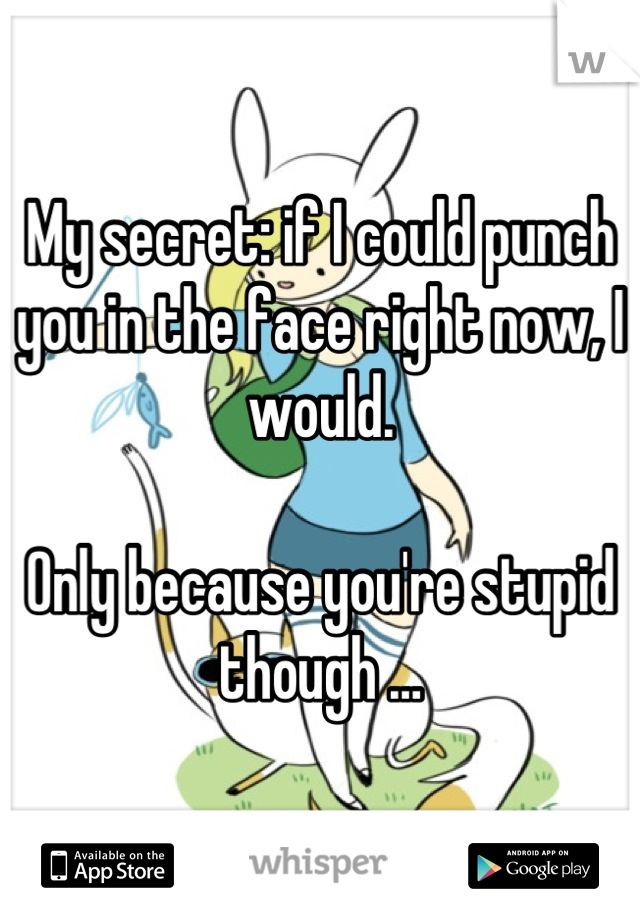 My secret: if I could punch you in the face right now, I would. 

Only because you're stupid though …