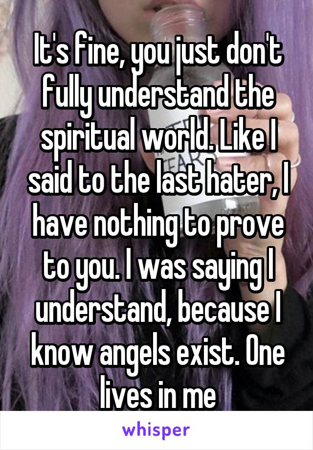 It's fine, you just don't fully understand the spiritual world. Like I said to the last hater, I have nothing to prove to you. I was saying I understand, because I know angels exist. One lives in me