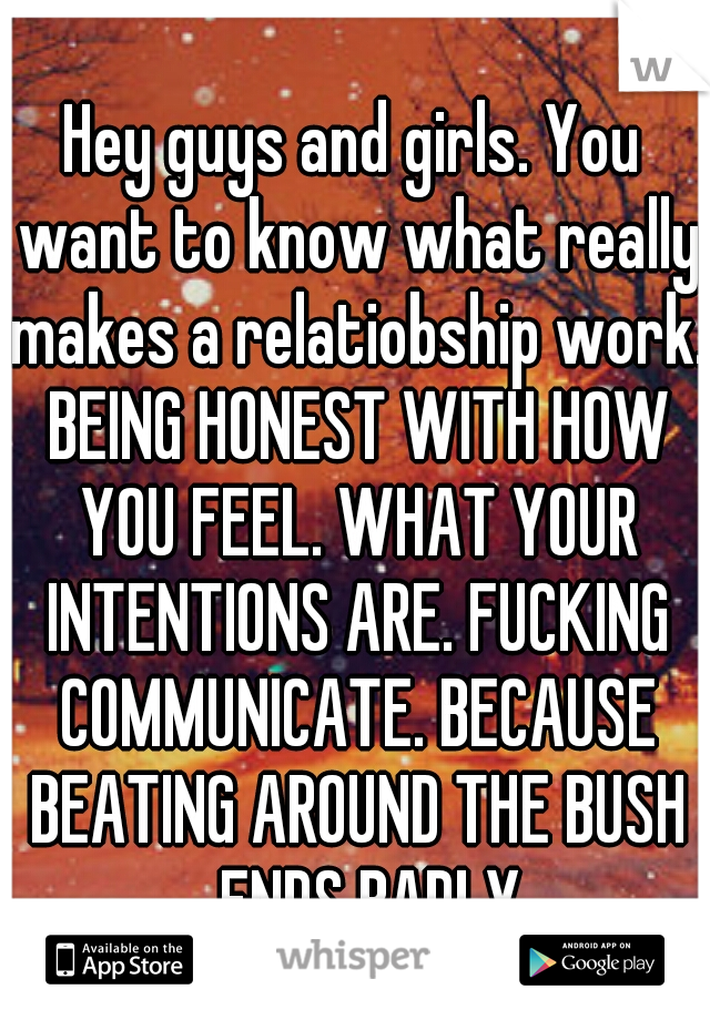 Hey guys and girls. You want to know what really makes a relatiobship work. BEING HONEST WITH HOW YOU FEEL. WHAT YOUR INTENTIONS ARE. FUCKING COMMUNICATE. BECAUSE BEATING AROUND THE BUSH ..ENDS BADLY