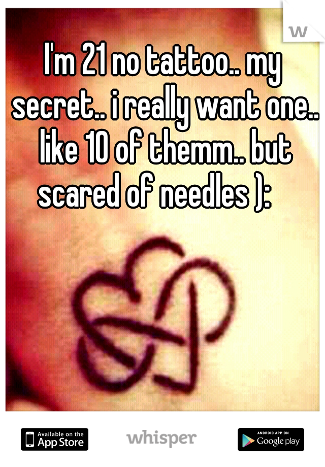 I'm 21 no tattoo.. my secret.. i really want one.. like 10 of themm.. but scared of needles ): 
