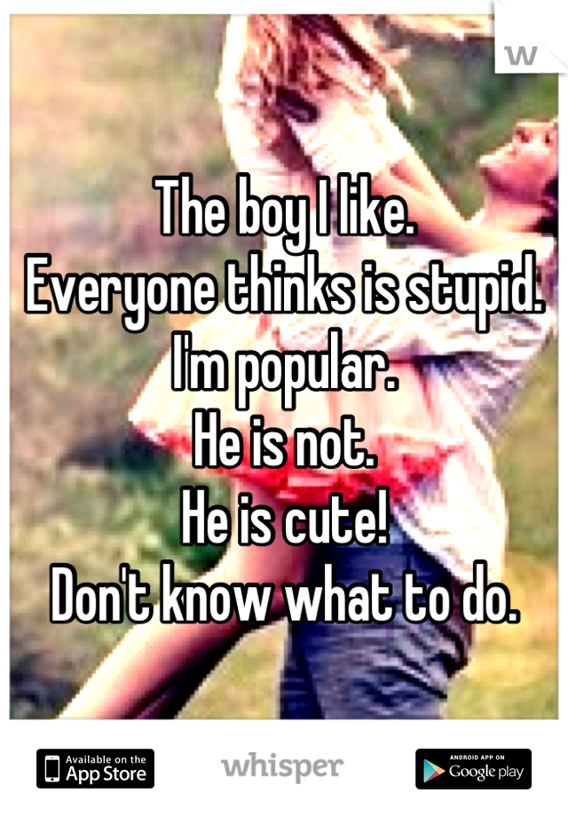 The boy I like.
Everyone thinks is stupid. 
I'm popular. 
He is not. 
He is cute!
Don't know what to do.
