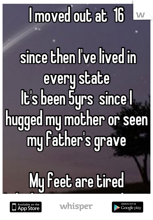 I moved out at  16 

 since then I've lived in every state
It's been 5yrs  since I hugged my mother or seen my father's grave

My feet are tired
I think  it's time to go home