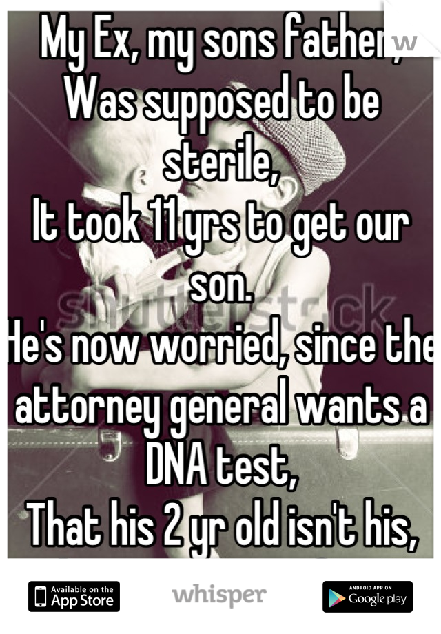 My Ex, my sons father,
Was supposed to be sterile, 
It took 11 yrs to get our son.
He's now worried, since the attorney general wants a DNA test, 
That his 2 yr old isn't his, she got prego to fast!!
