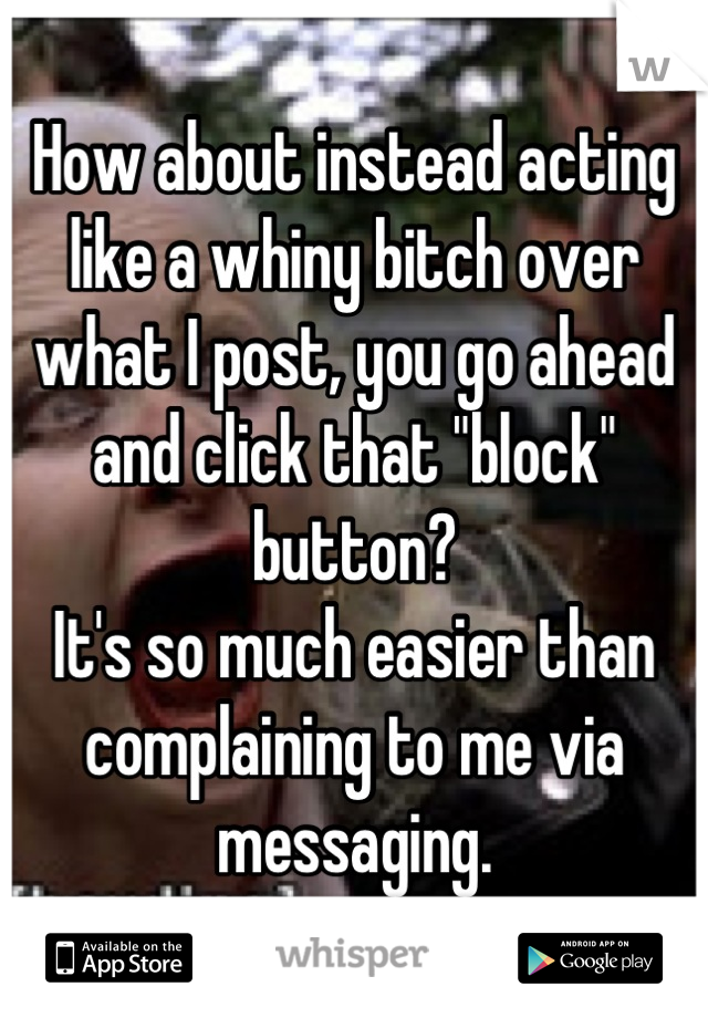 How about instead acting like a whiny bitch over what I post, you go ahead and click that "block" button?
It's so much easier than complaining to me via messaging.
