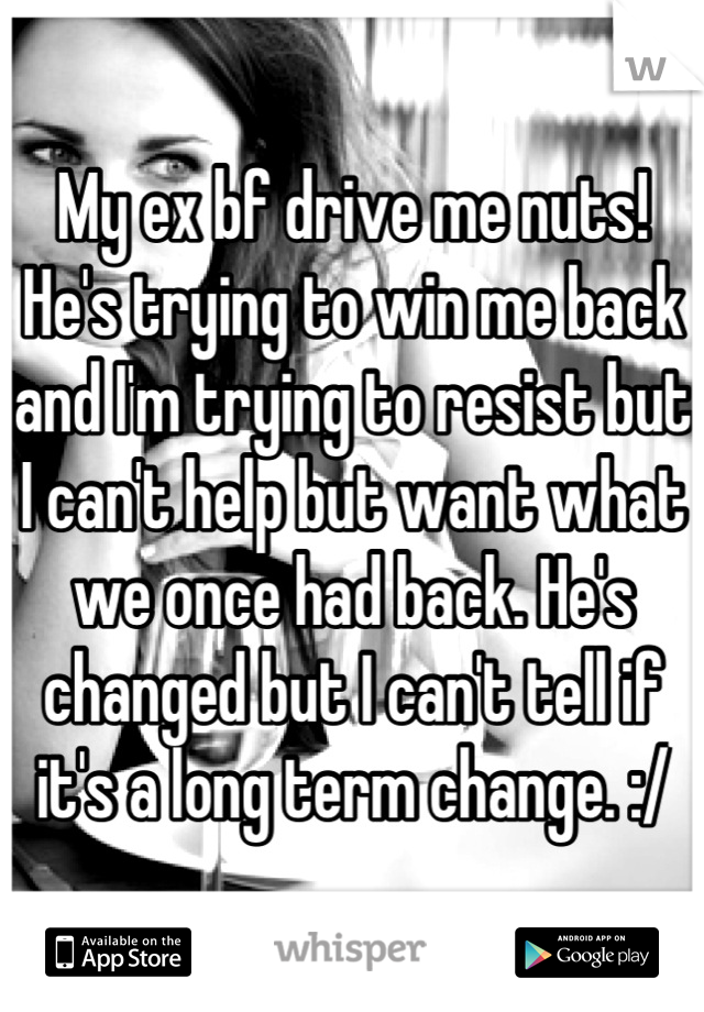 My ex bf drive me nuts! He's trying to win me back and I'm trying to resist but I can't help but want what we once had back. He's changed but I can't tell if it's a long term change. :/