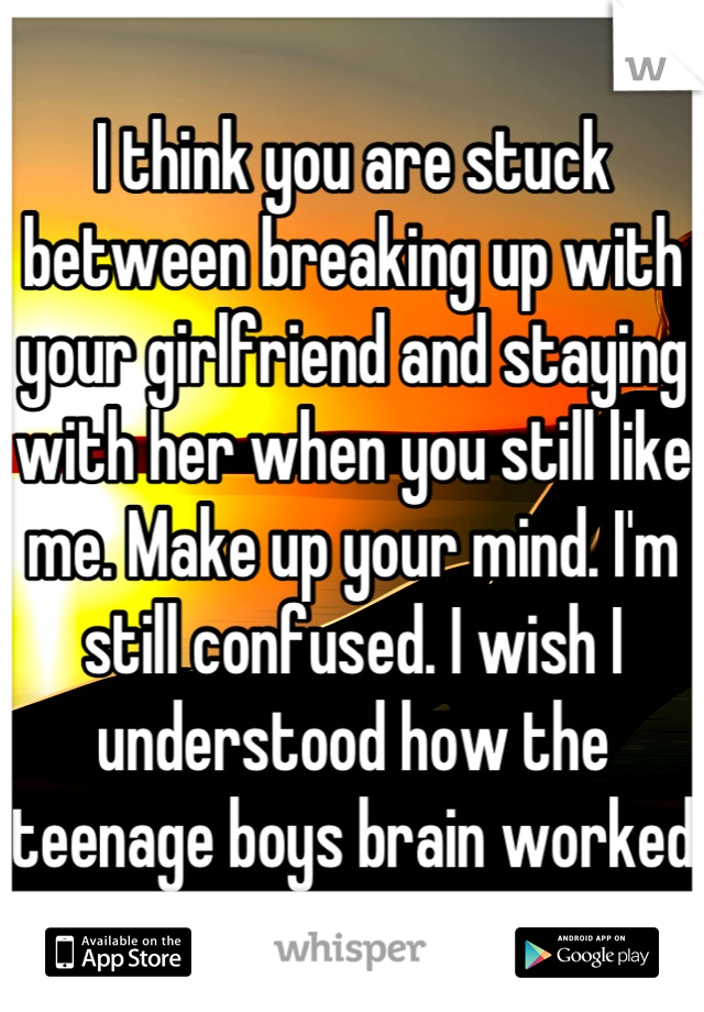 I think you are stuck between breaking up with your girlfriend and staying with her when you still like me. Make up your mind. I'm still confused. I wish I understood how the teenage boys brain worked