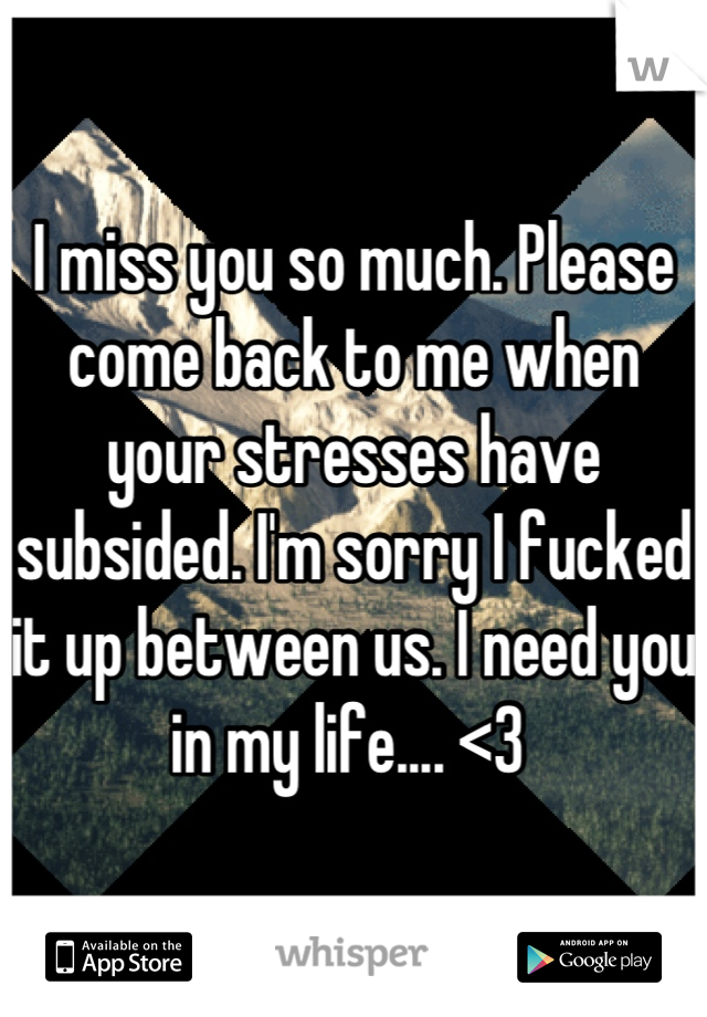 I miss you so much. Please come back to me when your stresses have subsided. I'm sorry I fucked it up between us. I need you in my life.... <3 