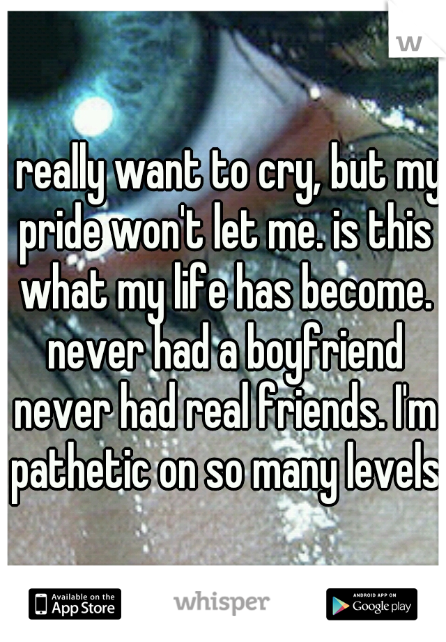 I really want to cry, but my pride won't let me. is this what my life has become. never had a boyfriend never had real friends. I'm pathetic on so many levels