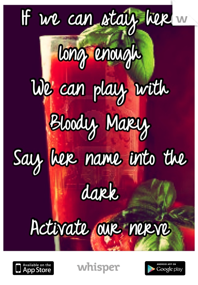 If we can stay here long enough
We can play with Bloody Mary
Say her name into the dark
Activate our nerve endings..