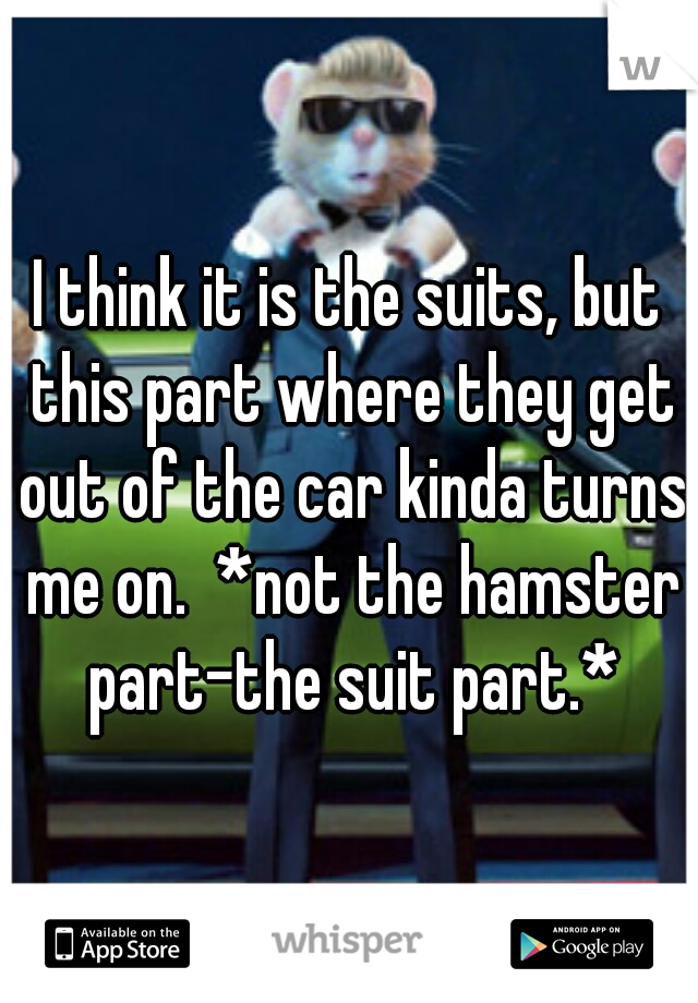 I think it is the suits, but this part where they get out of the car kinda turns me on.  *not the hamster part-the suit part.*
