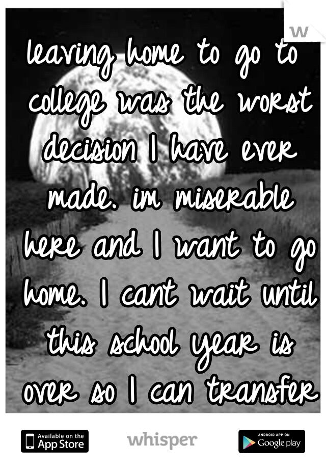 leaving home to go to college was the worst decision I have ever made. im miserable here and I want to go home. I cant wait until this school year is over so I can transfer closer. 