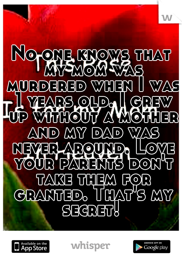 No one knows that my mom was murdered when I was 1 years old. I grew up without a mother and my dad was never around. Love your parents don't take them for granted. That's my secret! 