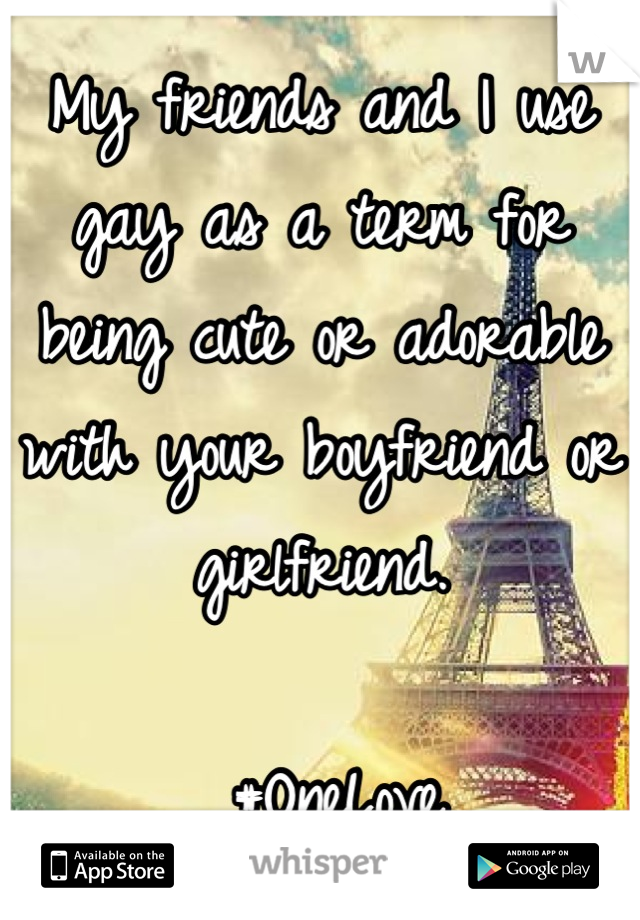 My friends and I use gay as a term for being cute or adorable with your boyfriend or girlfriend. 

 #OneLove