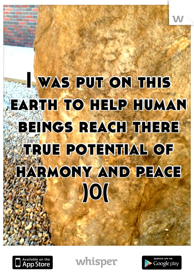I was put on this earth to help human beings reach there true potential of harmony and peace )0( 