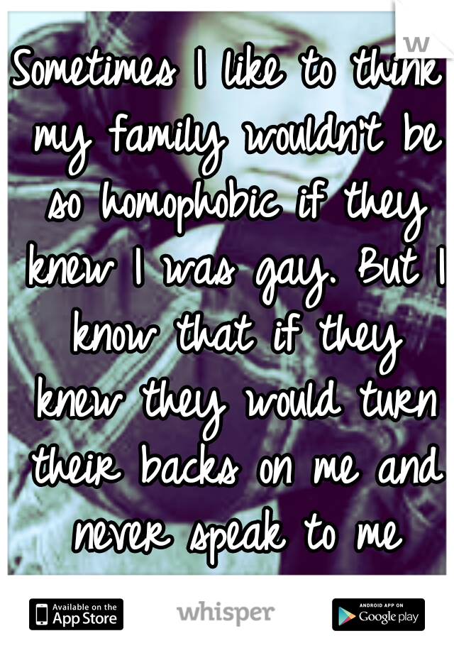 Sometimes I like to think my family wouldn't be so homophobic if they knew I was gay. But I know that if they knew they would turn their backs on me and never speak to me again.