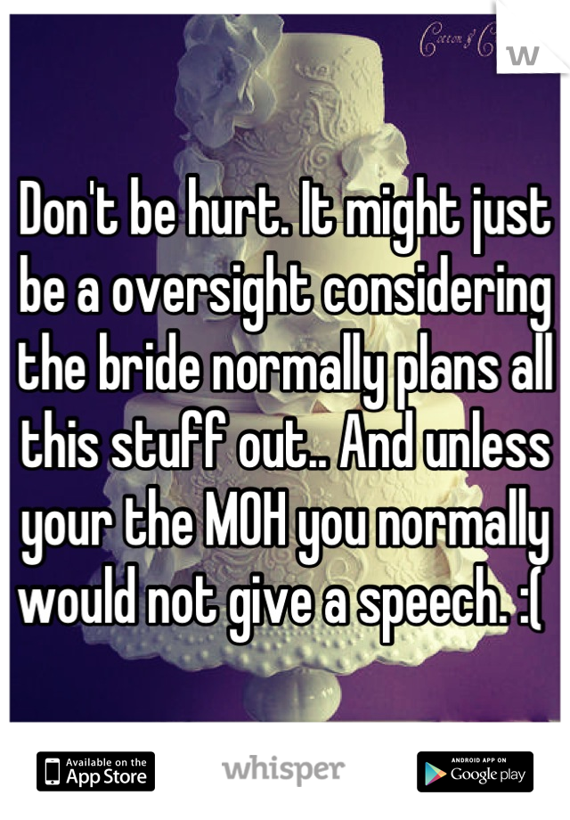 Don't be hurt. It might just be a oversight considering the bride normally plans all this stuff out.. And unless your the MOH you normally would not give a speech. :( 