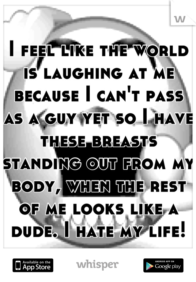 I feel like the world is laughing at me because I can't pass as a guy yet so I have these breasts standing out from my body, when the rest of me looks like a dude. I hate my life!