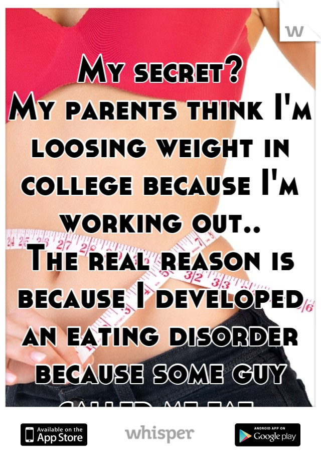 My secret? 
My parents think I'm loosing weight in college because I'm working out.. 
The real reason is because I developed an eating disorder because some guy called me fat.