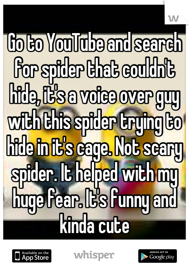 Go to YouTube and search for spider that couldn't hide, it's a voice over guy with this spider trying to hide in it's cage. Not scary spider. It helped with my huge fear. It's funny and kinda cute