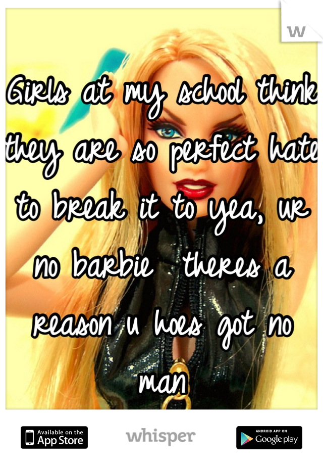 Girls at my school think they are so perfect hate to break it to yea, ur no barbie  theres a reason u hoes got no man