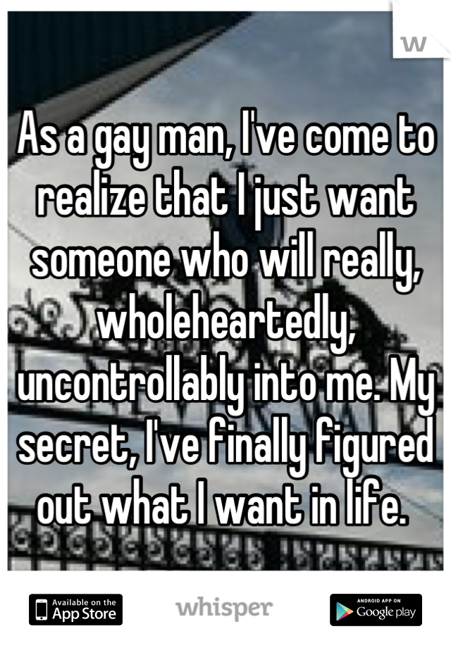 As a gay man, I've come to realize that I just want someone who will really, wholeheartedly, uncontrollably into me. My secret, I've finally figured out what I want in life. 