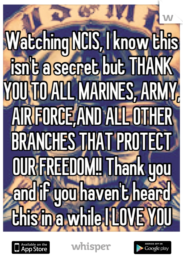 Watching NCIS, I know this isn't a secret but THANK YOU TO ALL MARINES, ARMY, AIR FORCE,AND ALL OTHER BRANCHES THAT PROTECT OUR FREEDOM!! Thank you and if you haven't heard this in a while I LOVE YOU