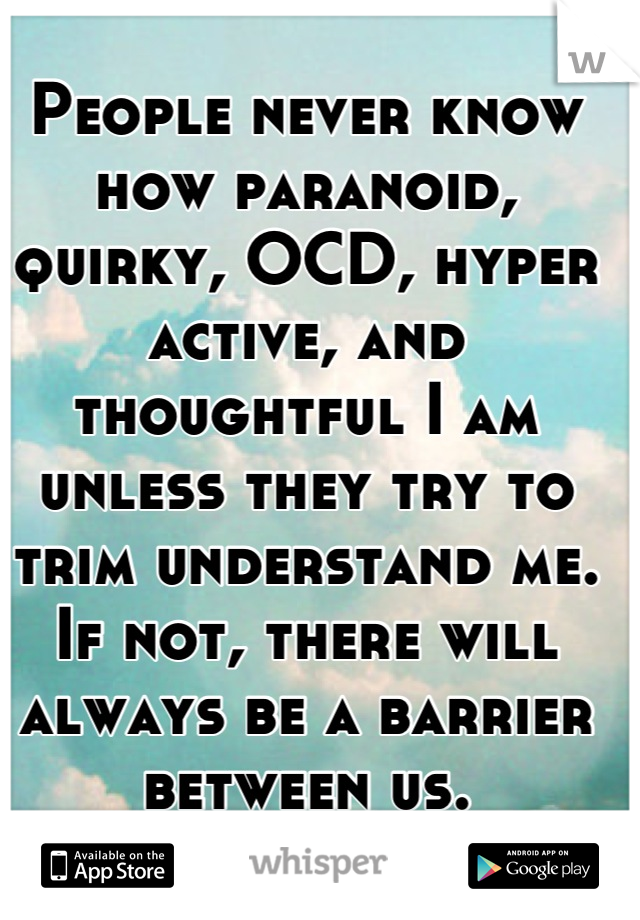 People never know how paranoid, quirky, OCD, hyper active, and thoughtful I am unless they try to trim understand me. If not, there will always be a barrier between us.