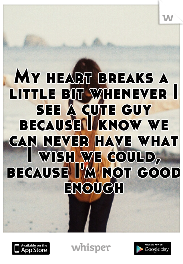 My heart breaks a little bit whenever I see a cute guy because I know we can never have what I wish we could, because I'm not good enough