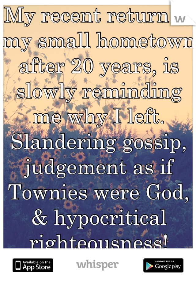 My recent return to my small hometown after 20 years, is slowly reminding me why I left. Slandering gossip, judgement as if Townies were God, & hypocritical righteousness! Welcome home! LOL!