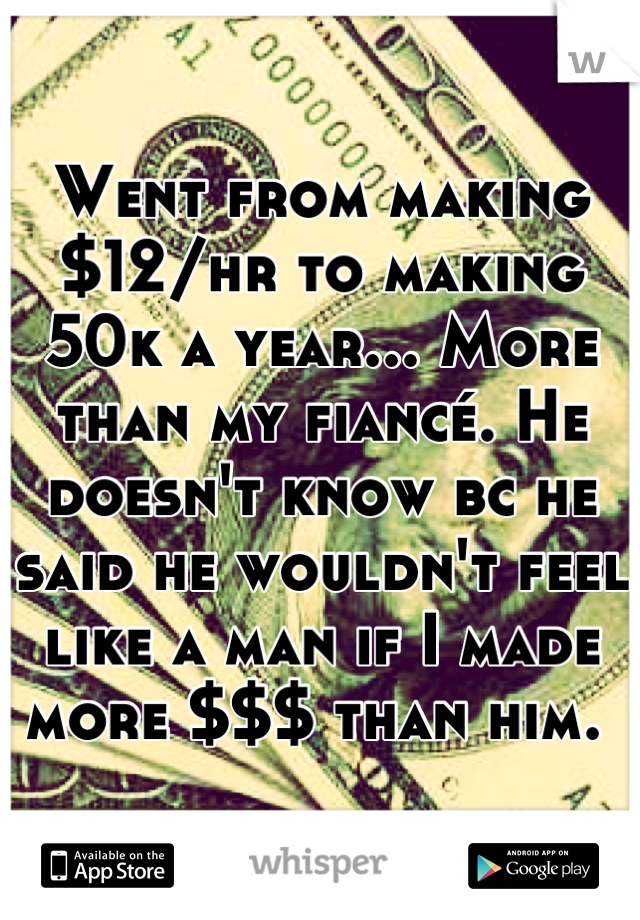 Went from making $12/hr to making 50k a year... More than my fiancé. He doesn't know bc he said he wouldn't feel like a man if I made more $$$ than him. 