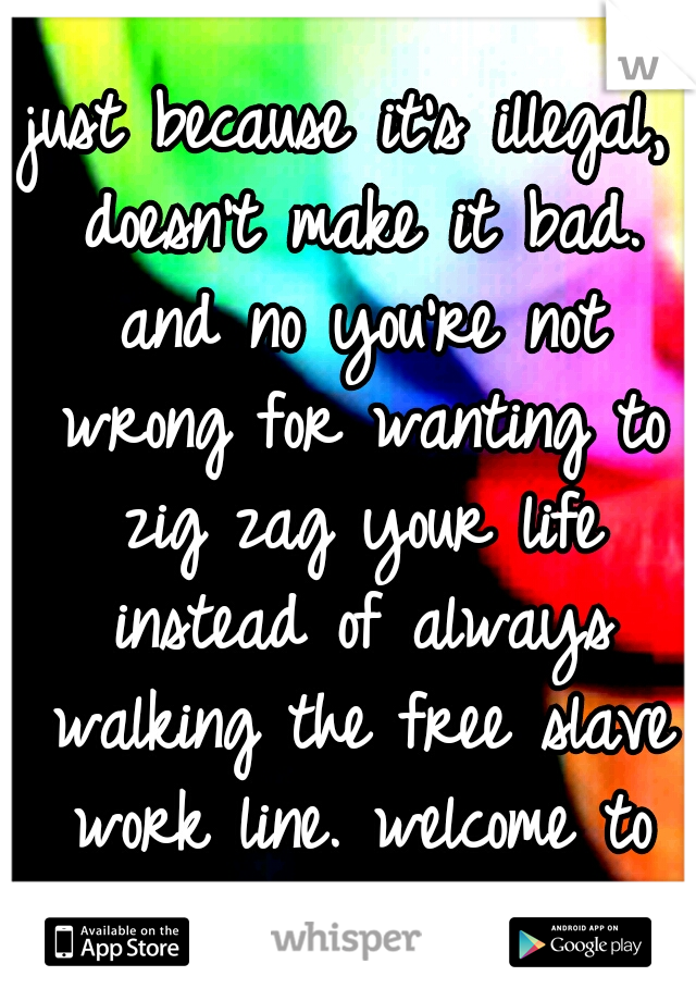 just because it's illegal, doesn't make it bad. and no you're not wrong for wanting to zig zag your life instead of always walking the free slave work line. welcome to the high life c: