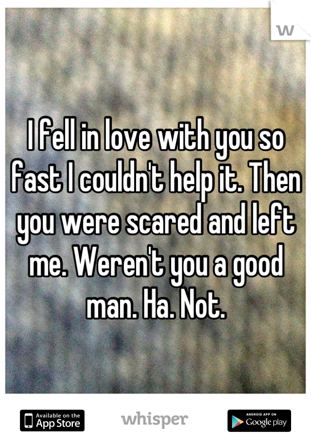 I fell in love with you so fast I couldn't help it. Then you were scared and left me. Weren't you a good man. Ha. Not.