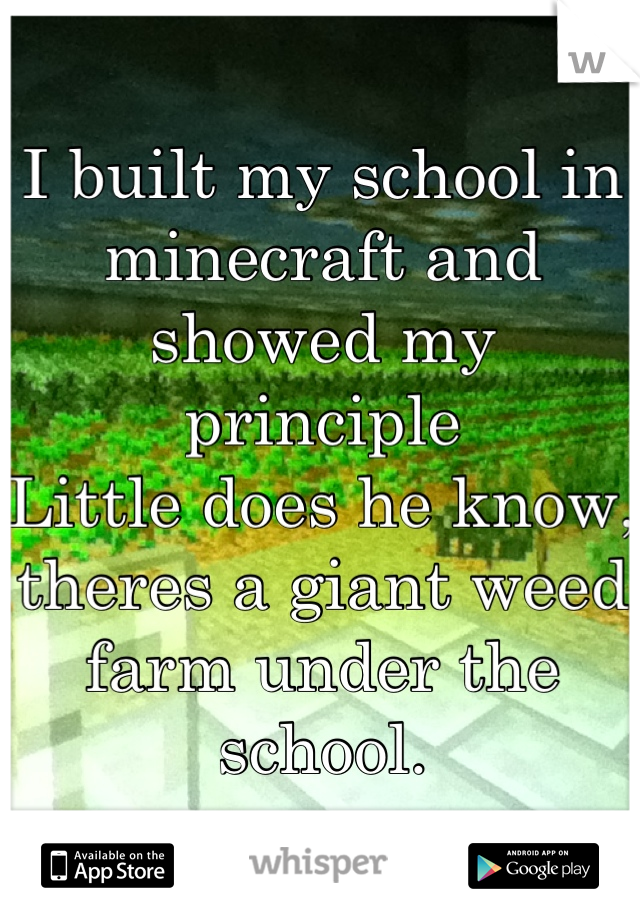 I built my school in minecraft and showed my principle
Little does he know, theres a giant weed farm under the school.