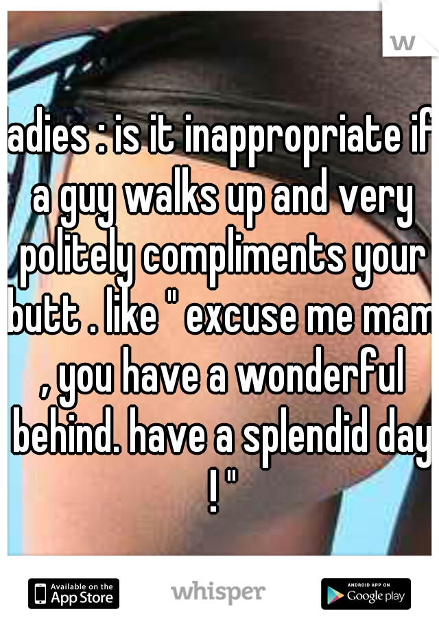 ladies : is it inappropriate if a guy walks up and very politely compliments your butt . like " excuse me mam , you have a wonderful behind. have a splendid day ! "