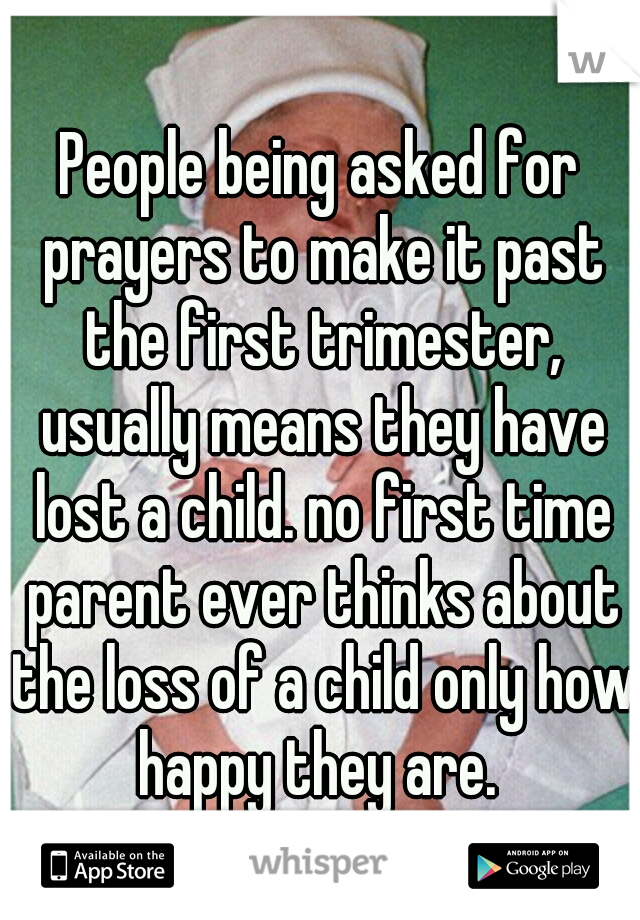 People being asked for prayers to make it past the first trimester, usually means they have lost a child. no first time parent ever thinks about the loss of a child only how happy they are. 