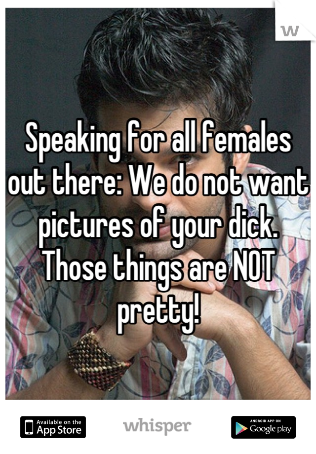 Speaking for all females out there: We do not want pictures of your dick. Those things are NOT pretty!