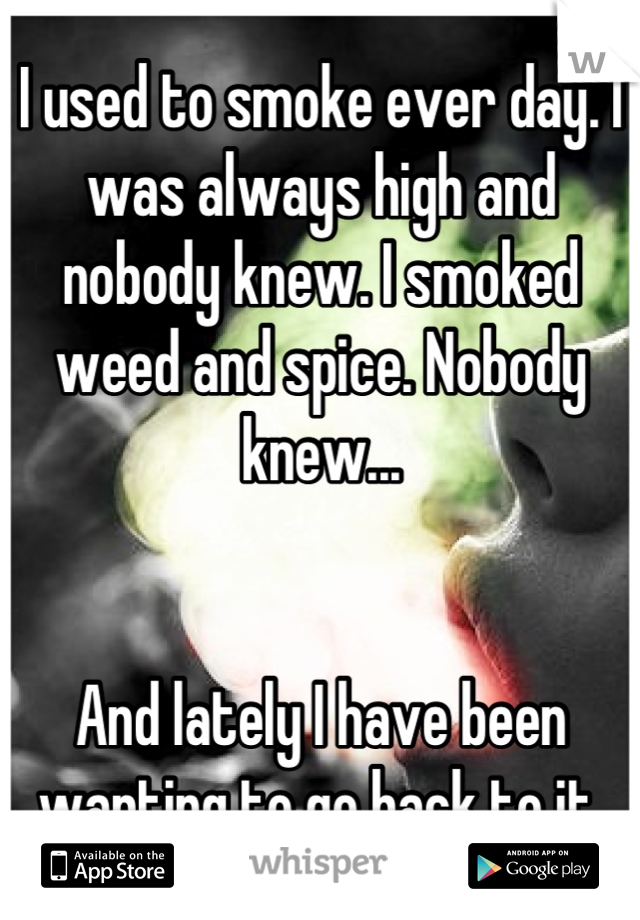 I used to smoke ever day. I was always high and nobody knew. I smoked weed and spice. Nobody knew... 


And lately I have been wanting to go back to it.