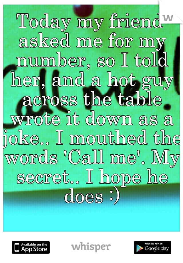 Today my friend asked me for my number, so I told her, and a hot guy across the table wrote it down as a joke.. I mouthed the words 'Call me'. My secret.. I hope he does :)