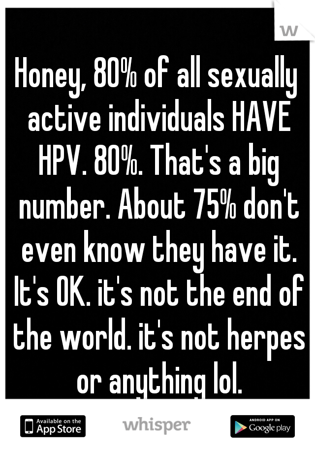 Honey, 80% of all sexually active individuals HAVE HPV. 80%. That's a big number. About 75% don't even know they have it. It's OK. it's not the end of the world. it's not herpes or anything lol.