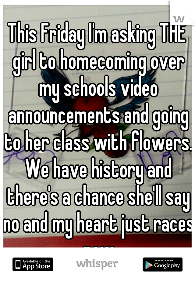 This Friday I'm asking THE girl to homecoming over my schools video announcements and going to her class with flowers. We have history and there's a chance she'll say no and my heart just races now