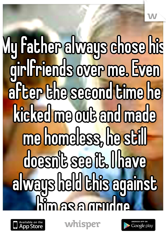 My father always chose his girlfriends over me. Even after the second time he kicked me out and made me homeless, he still doesn't see it. I have always held this against him as a grudge.