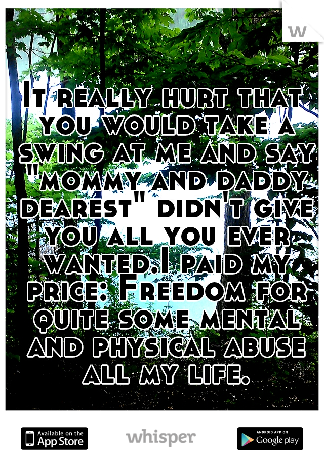 It really hurt that you would take a swing at me and say "mommy and daddy dearest" didn't give you all you ever wanted.I paid my price: Freedom for quite some mental and physical abuse all my life.