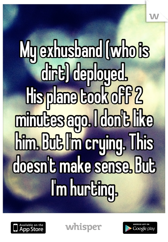 My exhusband (who is 
dirt) deployed. 
His plane took off 2 minutes ago. I don't like 
him. But I'm crying. This doesn't make sense. But 
I'm hurting.