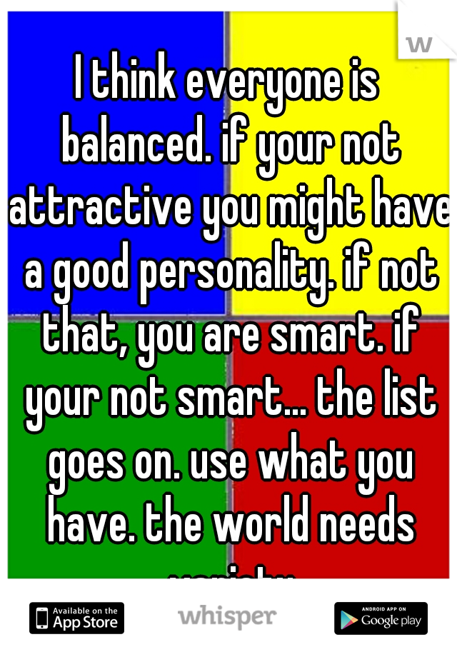 I think everyone is balanced. if your not attractive you might have a good personality. if not that, you are smart. if your not smart... the list goes on. use what you have. the world needs variety