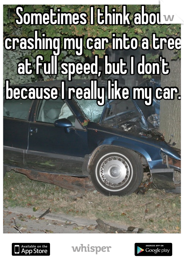 Sometimes I think about crashing my car into a tree at full speed, but I don't because I really like my car.