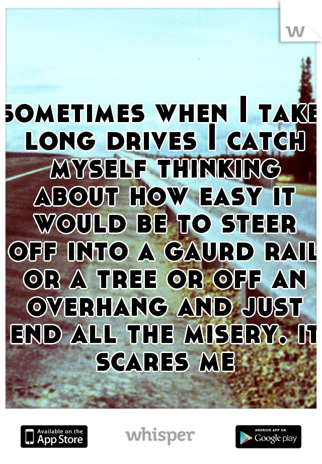 sometimes when I take long drives I catch myself thinking about how easy it would be to steer off into a gaurd rail or a tree or off an overhang and just end all the misery. it scares me