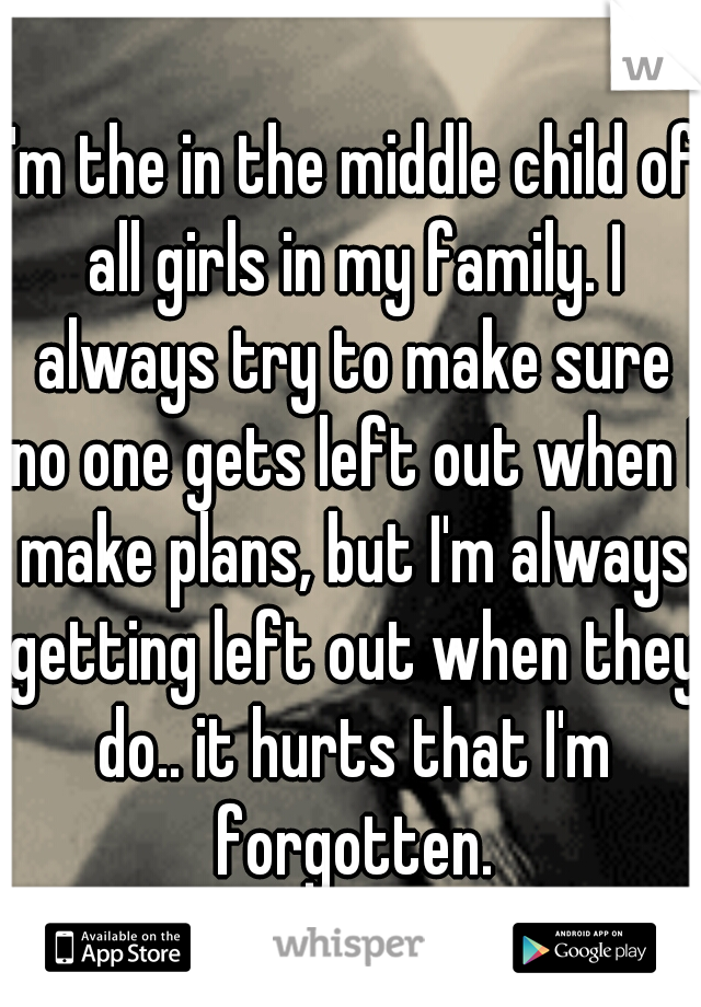 I'm the in the middle child of all girls in my family. I always try to make sure no one gets left out when I make plans, but I'm always getting left out when they do.. it hurts that I'm forgotten.
